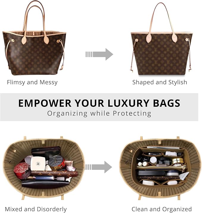 OPPOSHE Purse Organizer Insert for Handbags, Softened Felt Bag Insert Organizer for Tote, Compatible with LV, Coach, MK, Kate Spade, Goyard, Longchamp (Brown, Small)
