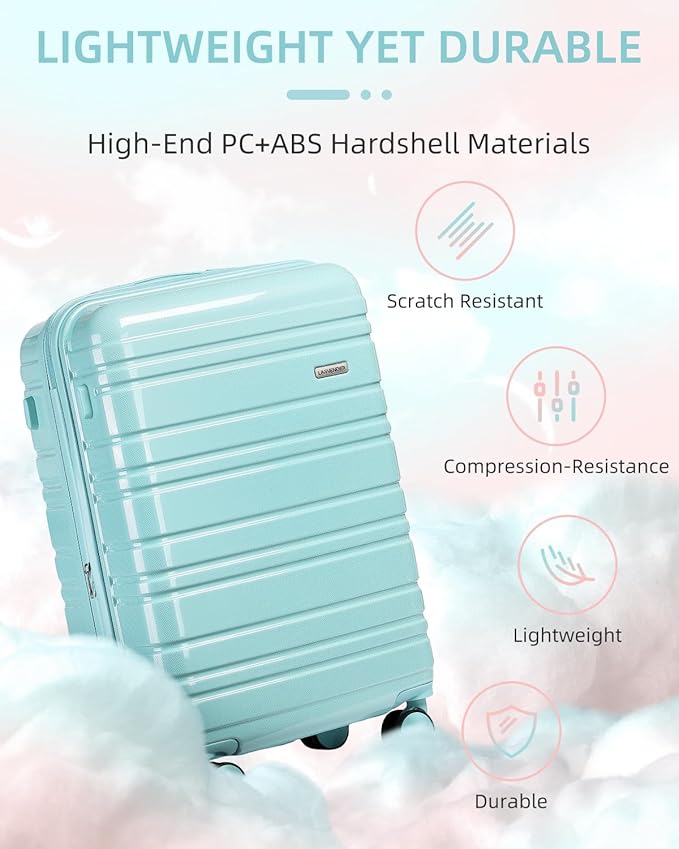 LARVENDER Carry on Luggage 22x14x9 Airline Approved, 20 Inch Hardside Suitcase with Wheels TSA Lock, PC+ABS Lightweight Travel Luggage Sets for Women, Glossy Sky Blue, 3 Piece Set