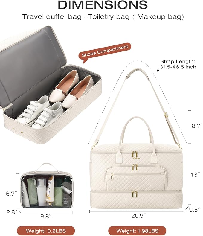 Travel Duffle Bag, Wide Open Large Weekender Bag for Women with Shoe Compartment, Carry on Overnight Bags with Toiletry Bag, Hospital Bag for Women Labor Delivery with Wet Pocket (Cream)