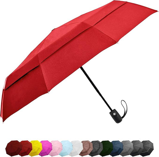 Windproof Compact Umbrella for Rain - 42” Travel Umbrella, Portable, Strong, Collapsible to 11”, Automatic Open Close Button, Vented Double Canopy with Fiberglass/Steel Frame, Wind Resistance to 55MPH