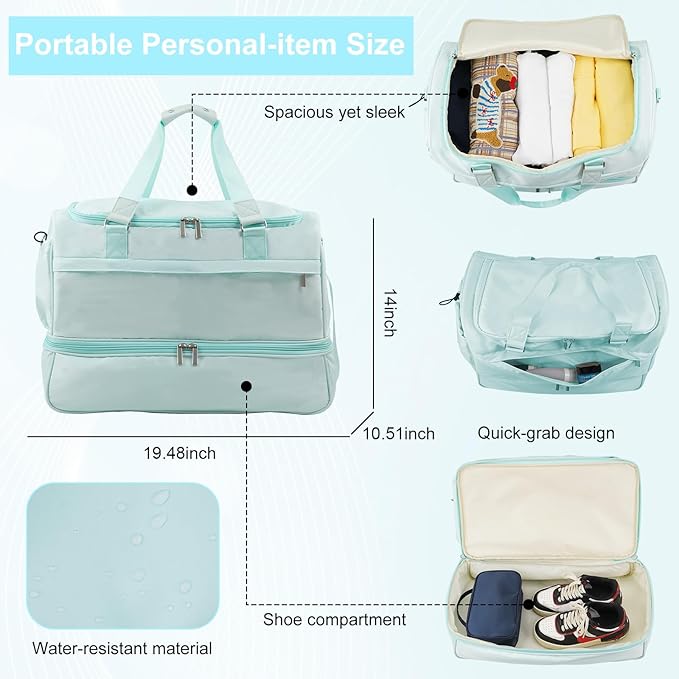 Carry On Travel Duffel Bag for Women & Men,Overnight Weekender Bag with Shoe Compartment,Trolley Sleeve and Adjustable Shoulder Strap,Business & Weekend Travel,Gym,Sports,Yoga & Dance(Blue)