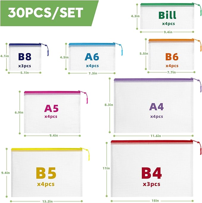 30pcs Mesh Zipper Pouch for Organization, Waterproof Zipper Pouches Colored PVC Travel Zipper Bags Clear Multipurpose Document Bags Suitable for Travel, School, Board Game and Office Supplies