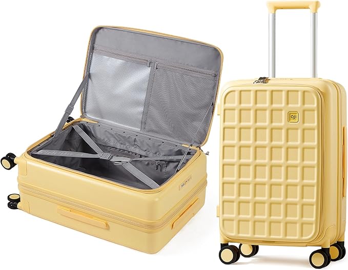 aji Expandable Top Opening Carry On Luggage Airline Approved, 20 Inch Lightweight Hardside Carry On Suitcase with Spinner Wheels, Travel Luggage with Laptop Compartment for Women Men, Cheese Yellow