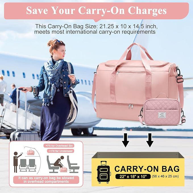 Extra Large Travel Duffle Bag,Carry-on Overnight Bag with Shoes Compartment,Weekender Bags for Women for Travel Business Trips Sport Hospital,3 Pcs Set,Pink