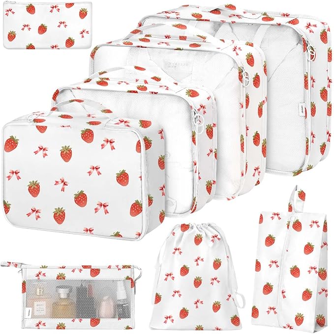 8 Set Packing Cubes for Suitcases,Packing Cube with Shoe, Cosmetics, Clothing, and Accessories Bags Packing Cubes for Travel Luggage Organizer Women Men(Strawberry Bows)