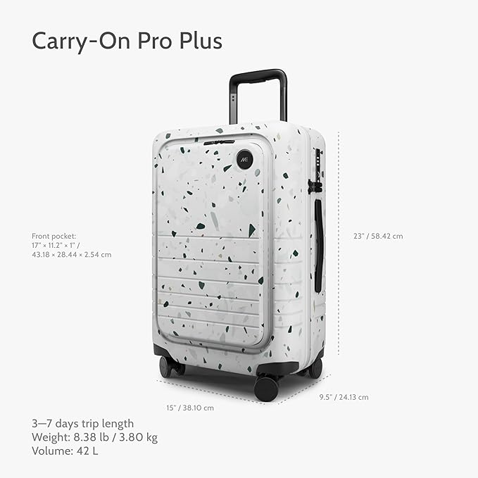Monos Carry-On Pro Plus Luggage (23"), Hardside Spinner Suitcase with TSA Lock & Front Pocket, Airline Approved, Terrazzo, White