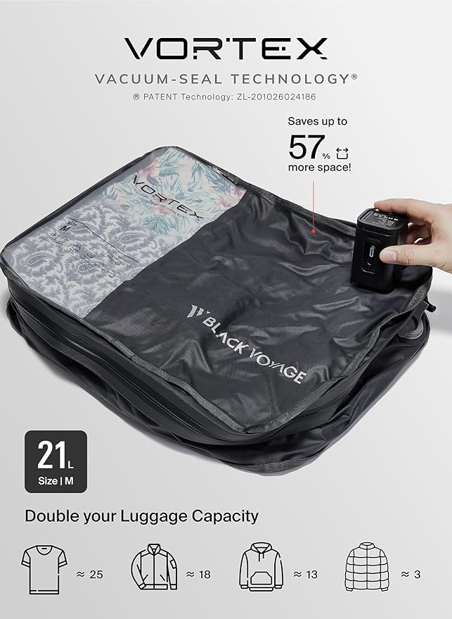 Black Voyage Reusable Vacuum Compression Travel Bag for Carry-On Suitcase and Backpack, Recycled IP67 Waterproof Space Saver (2-Pack, 21L - No Pump)