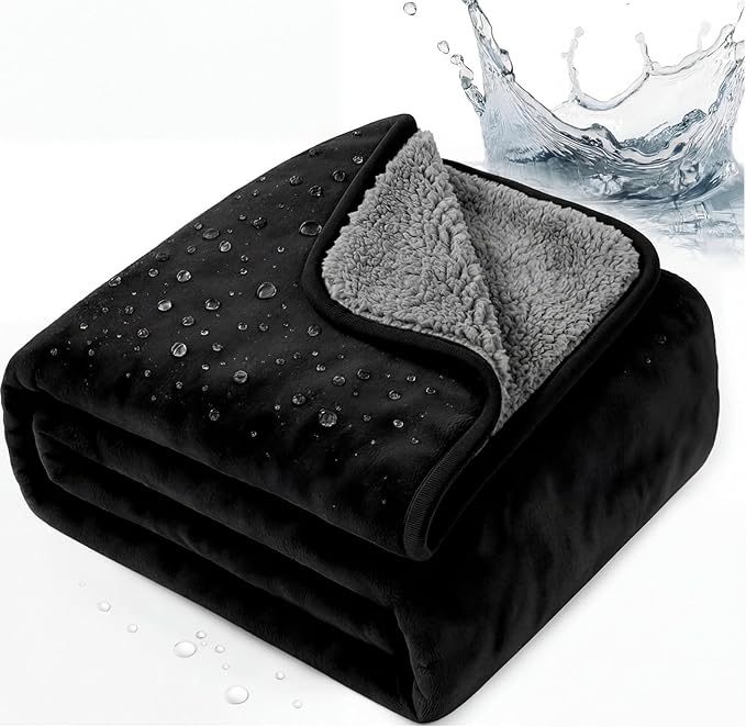 Tisancy King Size Waterproof Blanket for Bed Couch, 82'' x 82'' Double Side Leakproof Reversible Sherpa Flannel Fleece 3-Layer Lightweight Blanket, Absorbs 80oz(Black/Gray), Machine Washable