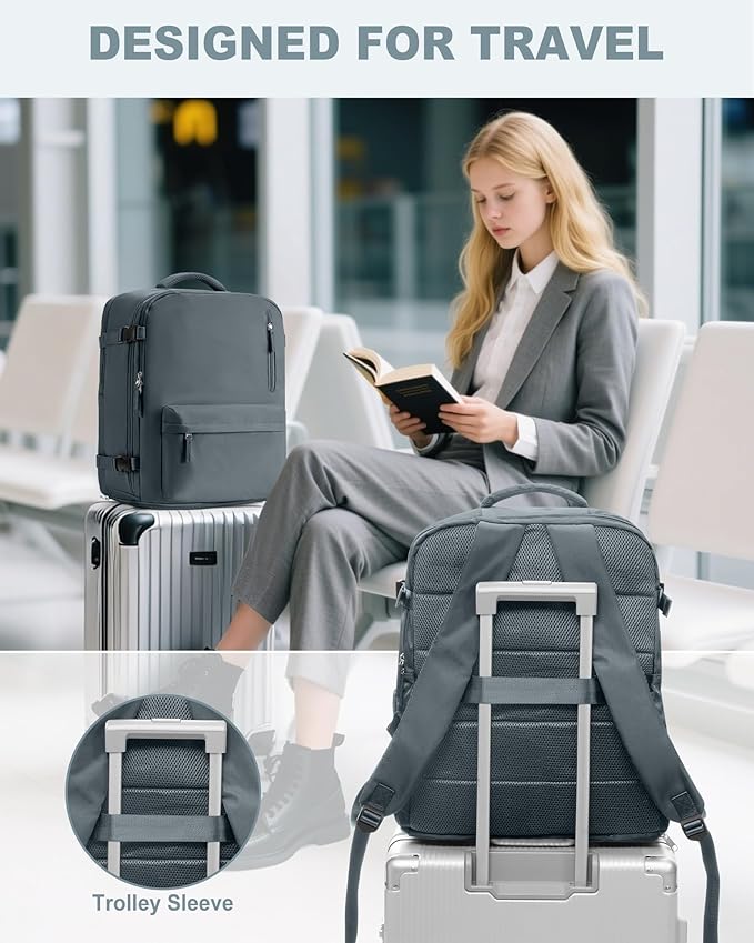 VECAVE Travel Backpack for Women, Airline Flight Approved Carry On Backpacks Waterproof 14 Inch Laptop Backpack with Shoe Compartment Casual Daypack GreyBlue