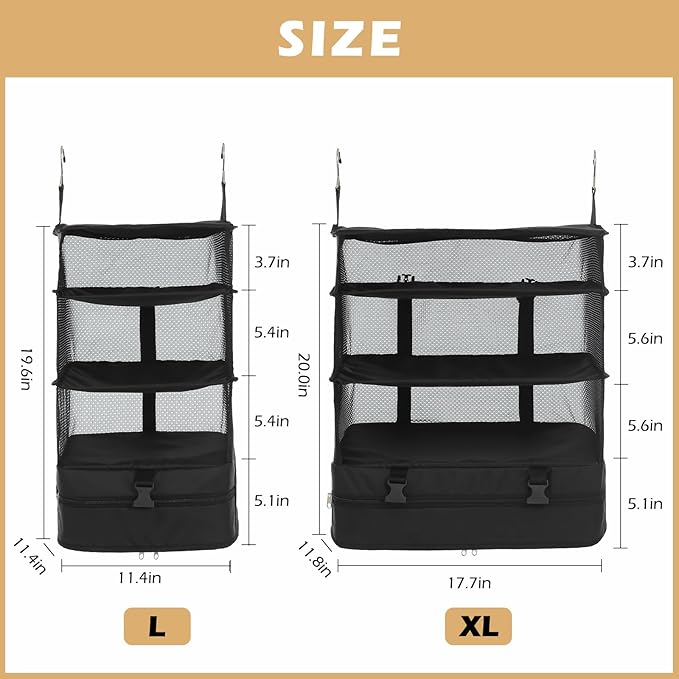 Surblue Hanging Closet Storage Bag Collapsible 3-Shelf Washable Oxford Fabric with 2 Hooks (XL 17.71 * 11.81 * 20in, Black)