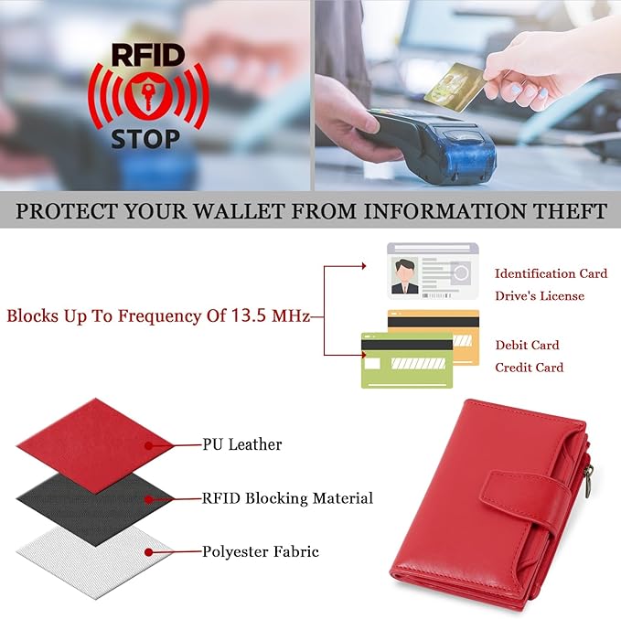Airkit Small Wallet Women RFID Blocking PU Leather Bifold Compact Card Holder Wallet for Women with Zipper Coin Pocket 4 ID Window