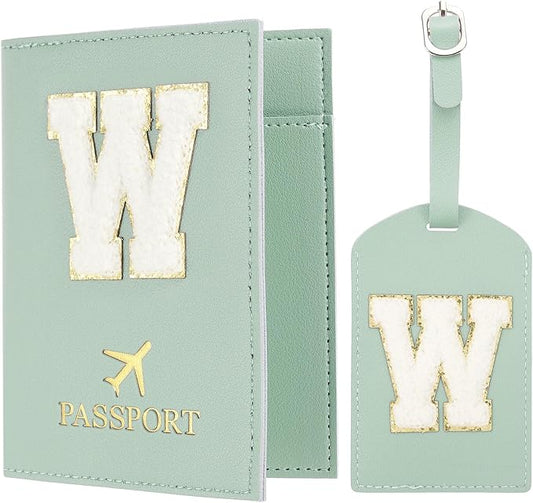 PATIKIL Passport Holder for Travel, Initial Passport Cover and Luggage Tag Set with Alphabet Chenille Letter Patch Travel Wallet Bag Suitcase Identifier for Women Family Travel W, Green