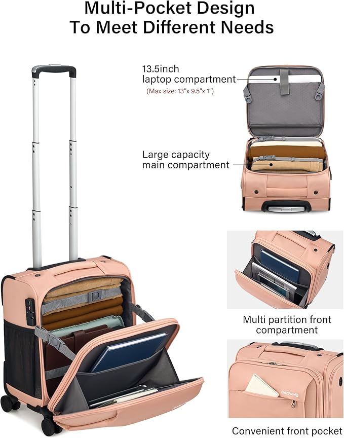 Hanke 16 Inch Underseat Carry On Luggage with Wheels Small Suitcase Softside Luggage Bags for Travel Lightweight Suitcases with Wheels Travel Luggage Personal Item for Men and Women(Pink)