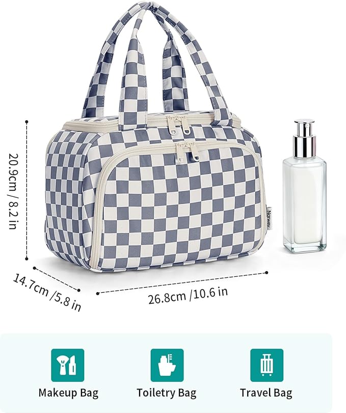 Narwey Checkered Travel Toiletry Bag for Women Large Makeup Bag, Wide-open Cosmetic Make Up Organizer with Handle, Travel Bag for Toiletries, Essentials, Accessories (Greyish Blue Checkerboard)