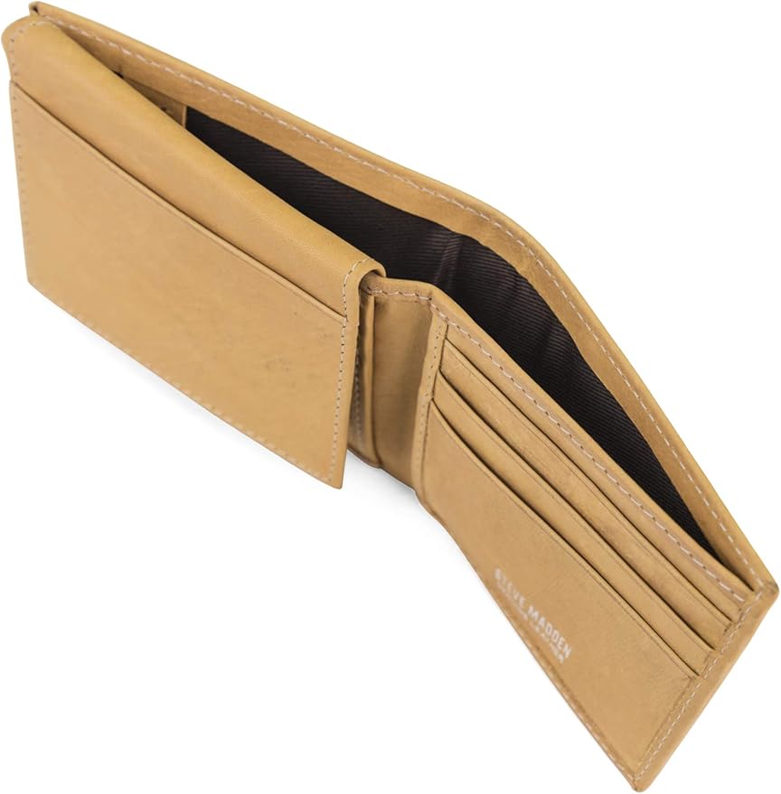 Steve Madden Men's Slim Leather Wallet with Extra Capacity Attached Flip Pockets