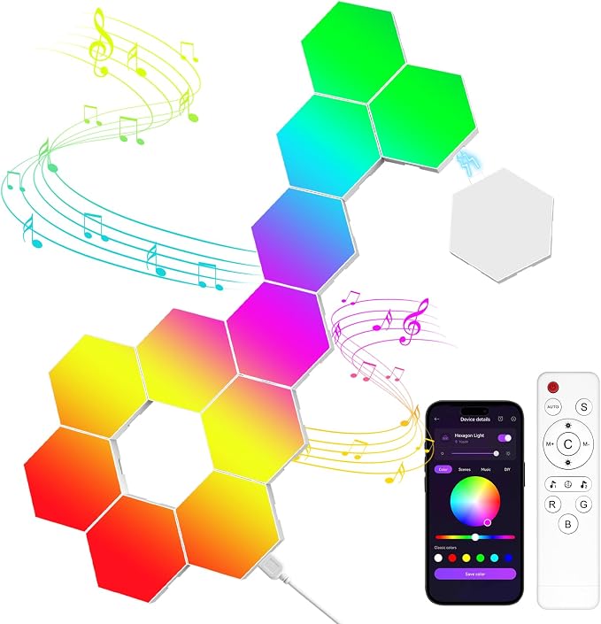 12 Pack Hexagon LED Wall Light Panels – RGB Smart Lights with APP & Remote, Music Sync Honeycomb Design – Modular Gaming Wall Decor for Bedroom, Kids Room, and Living Room