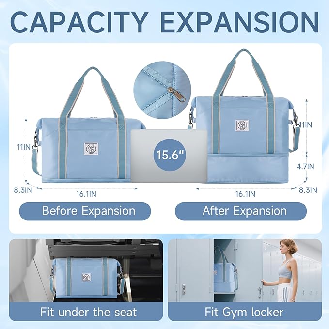 WALNEW Travel Duffel Bag, Weekender Overnight Carry On Bag for Women Men, Foldable Waterproof Gym Luggage with Metal Buckle Detachable Shoulder Strap and Wet Compartment (Light Blue)
