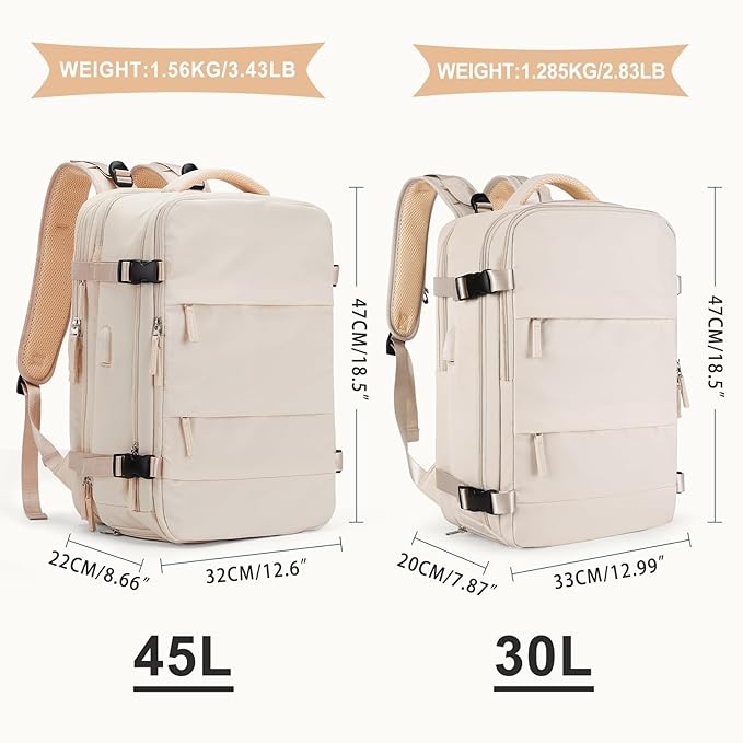coowoz Large Travel Backpack For Women Men, Carry On Backpack,Hiking Backpack Waterproof Outdoor Sports Rucksack Casual Daypack Expandable Heavy Duty Extra large Backpack Beige Expansion