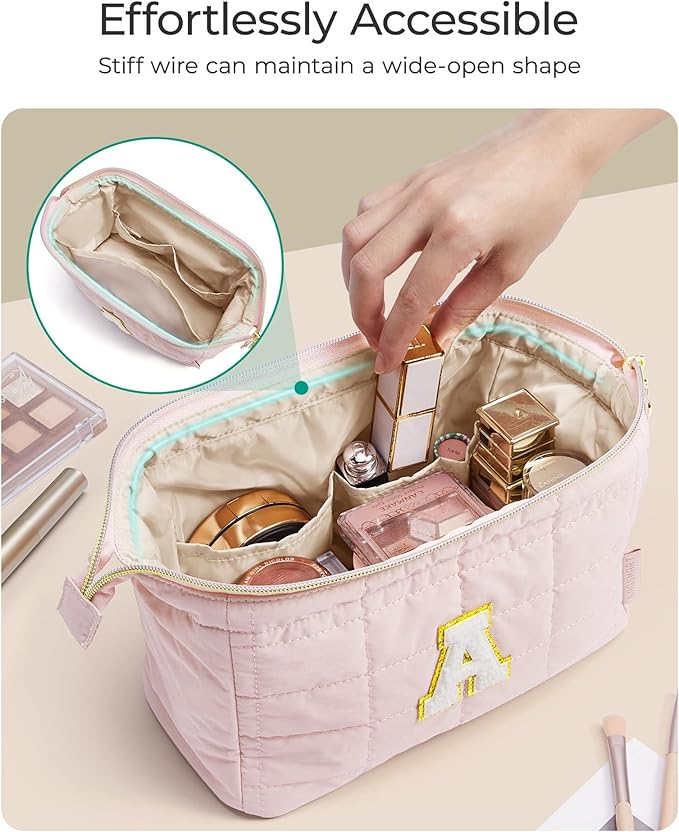 BAGSMART Birthday Gifts Personalized Initial Makeup Bag, Trendy Stuff Gifts for Women Bridesmaid Graduation, Puffy Padded Make Up Bags for Women, Wide-open Toiletry Bag, Pink B
