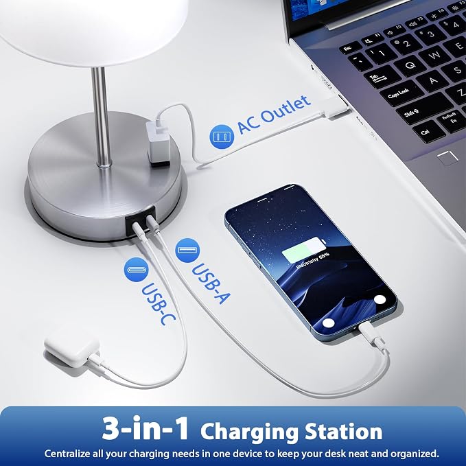 17.6" Silver Touch Lamps for Bedroom Set of 2, Dimmable, USB C+A, AC Outlet | Large 17.6" Tall Lamp, 3-Way Dimming, 5000K Daylight Bulbs, White Lampshade Silver Base, for Living Room, Boys, Men, Girls