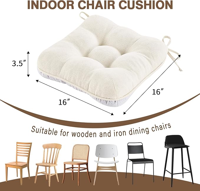 BETU White Chair Cushions for Dining Chairs Set of 4,3.5" Thick Kitchen Table Chair Pads with Ties,Non Slip Backing and Covers, Seat Cushion for Dining Room,Bar,Patio Chairs,16"X16"X3.5",White
