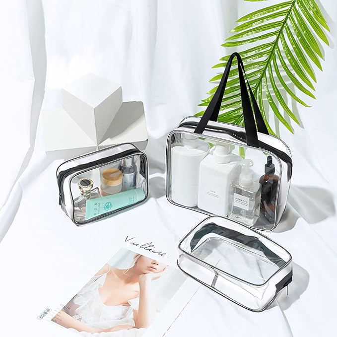 3 Pack PVC Waterproof Toiletries, Crystal Clear PVC Travel Toiletry Bag, TSA Approved Travel Toiletry Bag with Zipper, Multi-size Unisex Clear Cosmetic Bag
