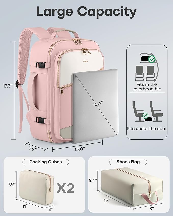 HOTOR Travel Backpack for Women – TSA-Friendly Travel Bag with Multiple Compartments & 3 Packing Cubes, Water-Resistant & Comfortable, Perfect for Travel Essentials, Pink, 17.3" x 13.0" x 7.9"