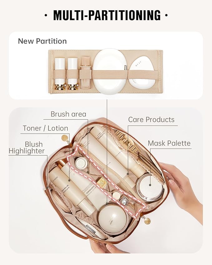 EACHY Travel Makeup Bag, Large Capacity Cosmetic Bag for Women, Waterproof PU Leather, Flat Open Portable Toiletry Bag for Skincare, Brushes & Travel Essentials