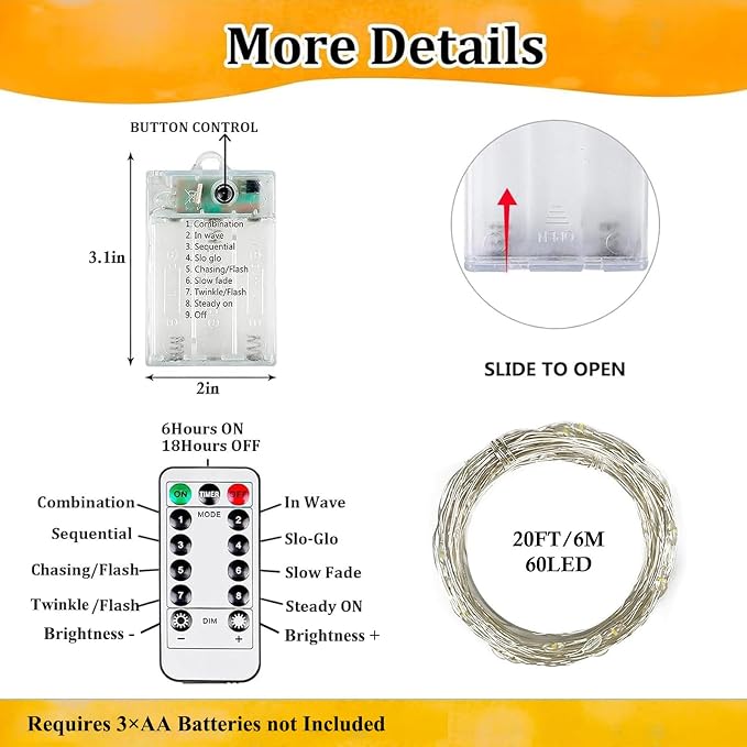 8 Pack Fairy Lights Battery Operated Twinkle Lights Remote Warm White | Total 160FT 480LED String Light, Timer & 8 Modes, Memory, Dimmable, Waterproof Battery Lights Indoor Outdoor Christmas Decor