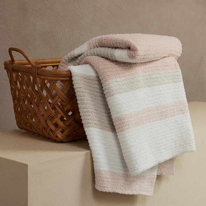 Throw Blanket, Soft Cozy Fluffy Striped Throw Blankets for Couch, Sofa, Bed, Chair, Warm Fuzzy Plush Lightweight Decorative Stripe Blanket, Pink Khaki, 50x60 inches
