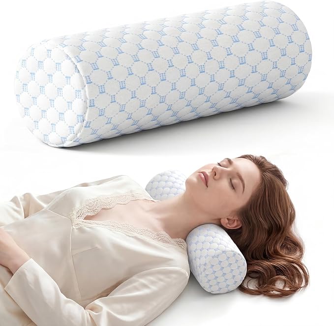 Neck Roll Pillow for Neck Pain Relief - Memory Foam Neck Support Pillow for Bed, Cylinder Pillows, Round Neck Pillow for Sleeping, 15.7 * 5 * 5 inch (Cool-Blue)
