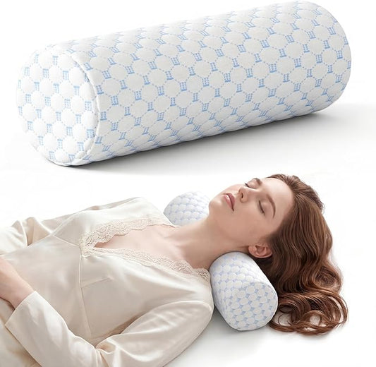 Neck Roll Pillow for Neck Pain Relief - Memory Foam Neck Support Pillow for Bed, Cylinder Pillows, Round Neck Pillow for Sleeping, 15.7 * 5 * 5 inch (Cool-Blue)