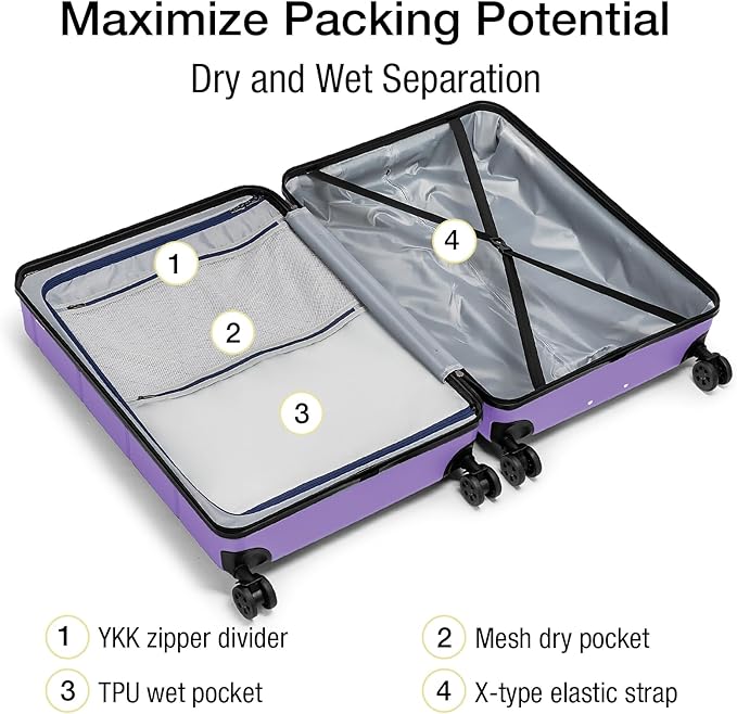 KYME Large Suitcases with Wheels Hardshell 28 Inch Luggage TSA Approved Big Checked Luggage Durable Travel Rolling Suitcase for Women Lt Purple