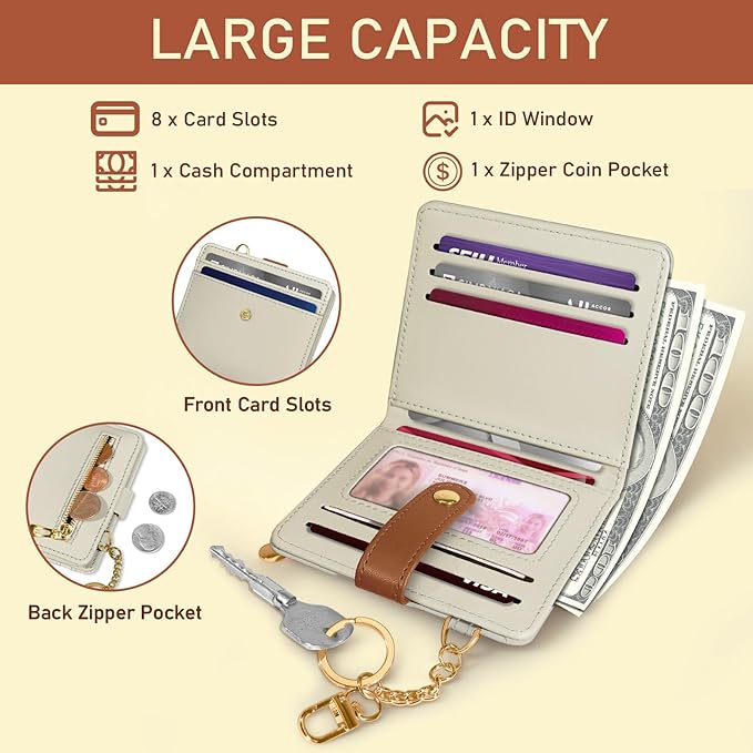 Jogjam Small Ladies Wallet, Rfid Slim Thin Compact Credit Card Women Wallet, PU Leather Bifold Cash Wallet, Zipper Coin Pocket & ID Window, Female Gifts Beige and Caramel