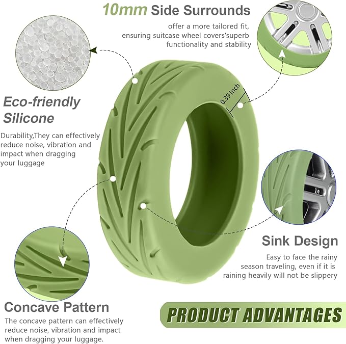 Upgrade Luggage Wheel Covers, 8pcs Suitcases Wheel Protector,Wear-Resistant, Anti-Noise, Silicone Protectors For 2-2.4"Luggage Spinner,Accessories for Travel(Green)