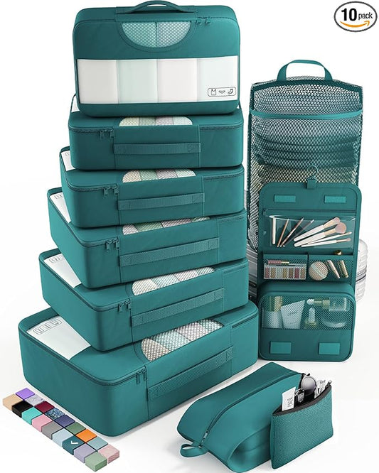 Veken 10 Set Packing Cubes for Travel Essential, Suitcase Organizer Bags in 4 Sizes, Carry-On Luggage Accessories with Large Laundry & Hanging Toiletry Bag, Must-Have for Airplane, Road Trip & Camping