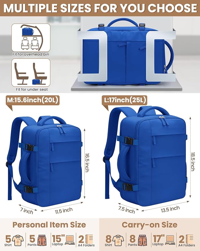 Pritent Travel Backpack for Women Man, Waterproof Laptop Backpack Travel Bag Airline Approved Carry on Weekender Overnight Bag Bookbag for Business,Travel, Work Fits 17.3 inch Laptop(Large,Royal Blue)