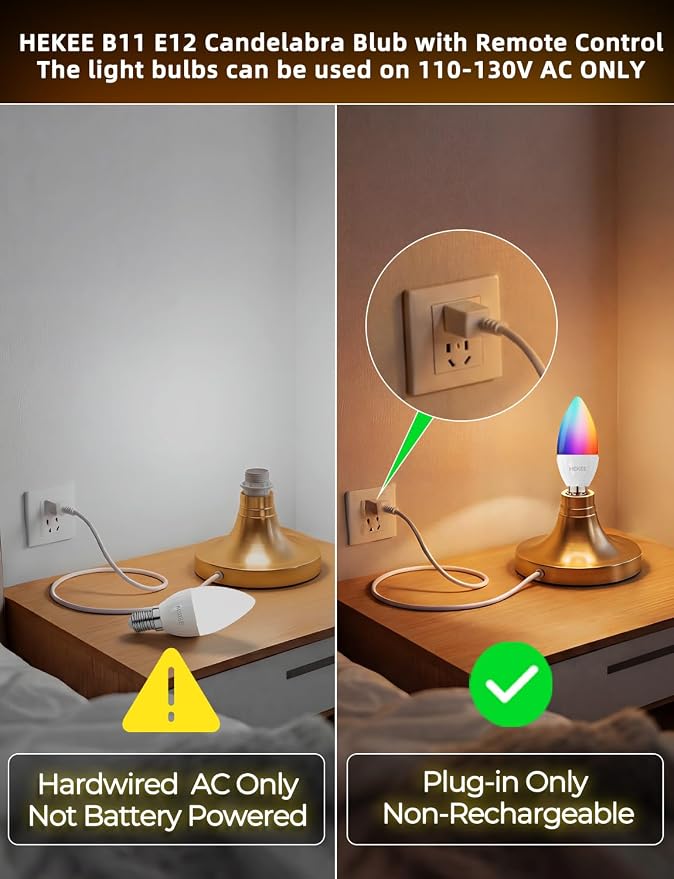 E12 Candelabra Light Bulbs, 120V Color Changing Bulb with Remote, Plug-in Only, E12 Base, 12 RGB+2700K Warm White, 40W Equiv (5W), 450LM, Timer, 2 Modes, for Chandelier/Ceiling Fan, 4 Pack