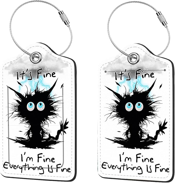 2 Pcs Luggage Tags for Suitcases, PU Leather Cruise Ship Luggage Tags with Privacy Cover Label Address Card and Durable Metal Ring Suitable for Men Women Handbags Backpacks,Cat hit by Lightning