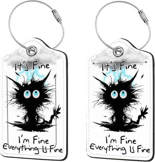 2 Pcs Luggage Tags for Suitcases, PU Leather Cruise Ship Luggage Tags with Privacy Cover Label Address Card and Durable Metal Ring Suitable for Men Women Handbags Backpacks,Cat hit by Lightning