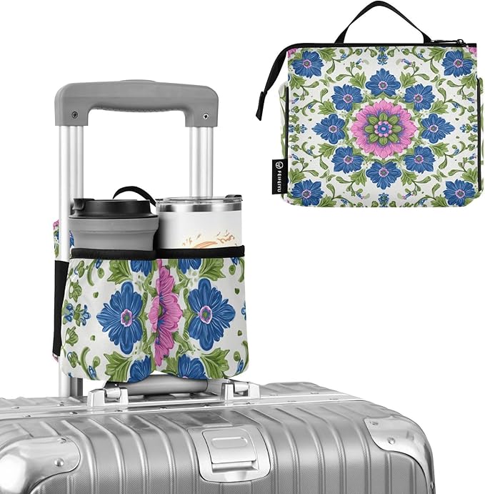 Luggage Cup Holder for Suitcases Free Hands Travel Cup Holder Portable Suitcase Cup Drink Holder Luggage Cup Caddy Bag Carrier Blue Pink Green Mandala Boho Floral