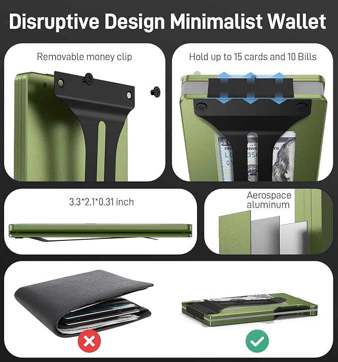 Carbon Fiber Minimalist Wallet for Men Credit Card Holder Money Clip & Cash Strap Slim RFID Mens Wallets-Matt Green