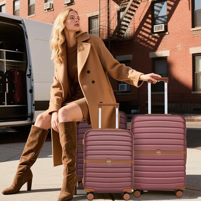 Kono Expandable 28 Inch Luggage with Spinner Wheels, Large Checked Luggage with Lock, Lightweight & Anti-Scratch PC+ABS Hardshell Travel Suitcase, Burgundy/Brown