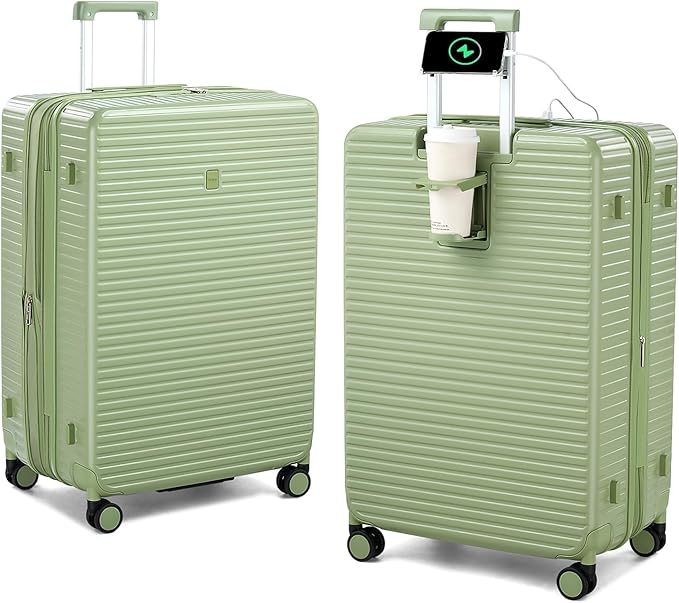 HanTrip 28 Inch Luggage Hard Shell Suitcases, Expandable Travel Checked Luggage 28 Inch, Large Check In Luggage with Spinner Wheels Cup Holder Charger Built in Lightweight Suitcase, Bamboo Green