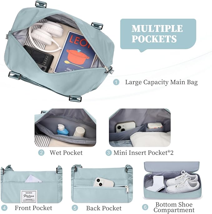 Weekender Bags for Women,Overnight Travel Duffel Bag with Shoes Compartment& Toiletry Bag,Extra Large(Light Blue)