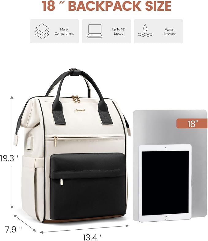LOVEOVOOK 18Inch Laptop Backpack for Women, Large Capacity Travel Backpack with USB Charging Port, Waterproof Work Backpack for Business, College, Nursing & Airline Travel,White Black