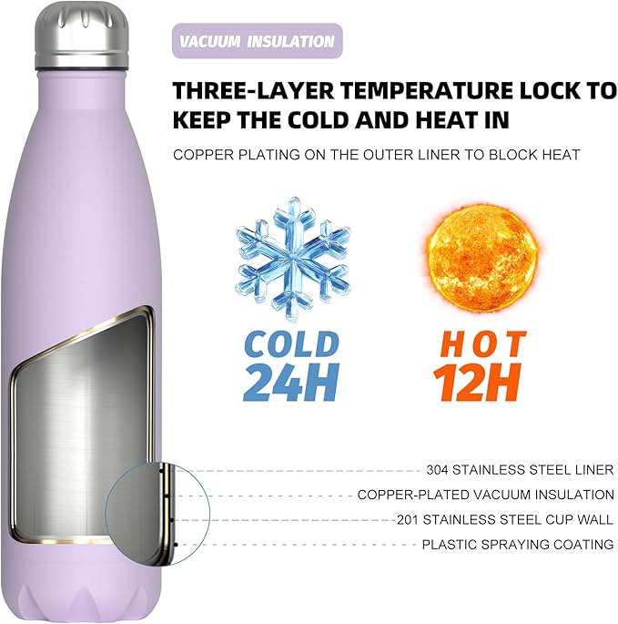 WATERSY Stainless Steel water bottles,17oz/500ml Insulated Water Bottles,Purple metal water bottle Keeps Drink Cold and Hot,BPA Free kids water bottles for School,Gym,Travel,Sports