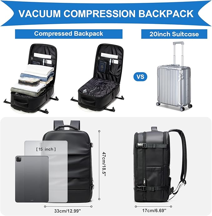 coowoz Vacuum Backpack Travel with Pump,Travel Backpack with Vacuum System For Women Men,Carry On Backpack,Hiking Backpack Waterproof Outdoor Sports Rucksack Casual Daypack,TPU Coated Black