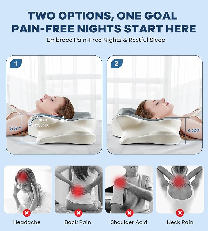 DONAMA Cervical Pillow for Neck and Shoulder Pain Relief, Cooling Contour Memory Foam Pillow, Dual-Height Ergonomic Neck Support Pillow for Side Back Stomach Sleepers with Removable Pillowcase