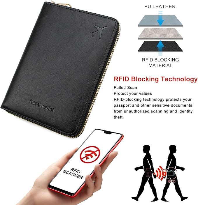 defway Passport Holder Travel Wallet - RFID Blocking Passport Holder Wallet, Full Zip Travel Card Cover with RFID Protection, Multi Slot Organizer for Cards Cash Documents Travel Essentials (Black)